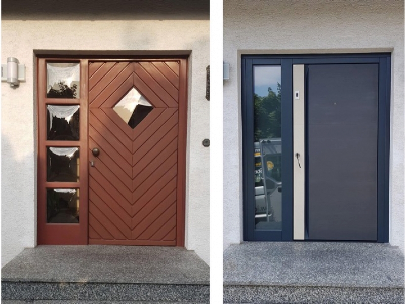 braune Tür mit quadratischem Fenster