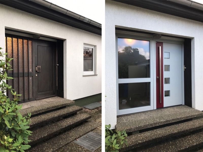 schwarze Holztür und weiße Tür aus Materialmix