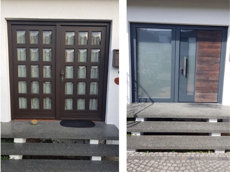 braune Tür mit vielen kleinen, und blaue Tür mit einer großen Verglasung